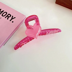 Elegant large pink heart hair claw clip in translucent glitter resin for thick hair