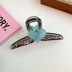 Elegant large light blue heart hair claw clip with vintage tortoiseshell base patterns