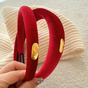 French Retro Red Velvet Padded Headband For Women Gold Metal Buckle Thick Hairband New Year Handmade Hair Accessories