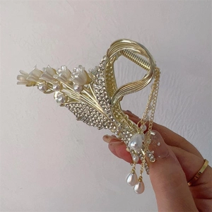 Elegant lily of the valley metal hair claw clip with pearls and long tassels