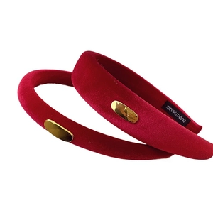 Retro red velvet padded headband set with elegant golden metal tag for hair accessories