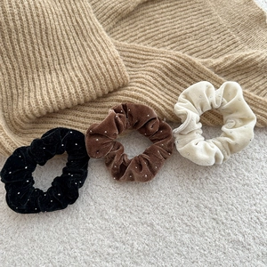 Three-piece velvet hair scrunchies with faux pearls in black, brown and beige colors