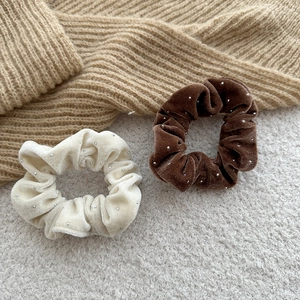 Velvet hair scrunchies in cream and dark brown with sparkling silver beads for women