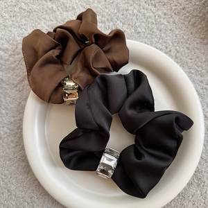 Elegant satin scrunchie set in black and brown featuring luxury rhinestone crystals