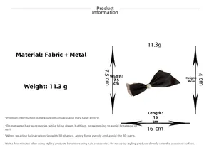 Detailed dimensions of a black bow hair clip with a pearl center and metal duckbill clip