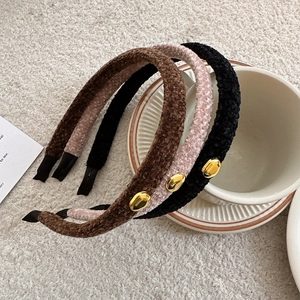 Three plush headband set in brown, black and pink with elegant golden bead details