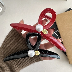 Women Large Hair Claw Clip Glossy Resin Faux Artificial Pearl Gold Tag Believe In Yourself Festive Red Black Shark Clip Headwear