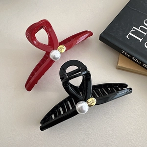 Festive red and black shark hair claws with white pearls and gold inspirational charms