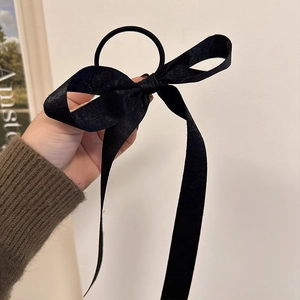 Elegant French style black bow hair tie with long ribbons for women hair styling