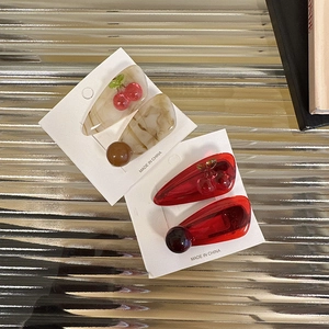 Sweet cherry hair clips set with marble and translucent red resin cherry hairpins