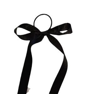 Elegant black satin bow hair tie with long ribbons for women hair styling