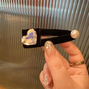 Velvet bow hair clip with heart crystal and white pearl in a vintage aesthetic style