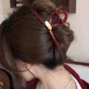Grande Pince à Cheveux Rouge Vin Brillante pour Femmes Élégante Pince en Alliage de Résine avec Décor Ovale Doré