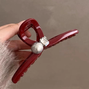 Pince à cheveux rouge bordeaux élégante avec perle et strass pour femmes