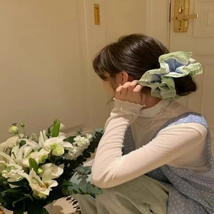 Grand Chouchou à Carreaux Avec Bordure en Dentelle Motif Vichy Vert Menthe Bleu Élastiques à Cheveux Fait Main Bandeau pour Femmes Accessoires Cheveux