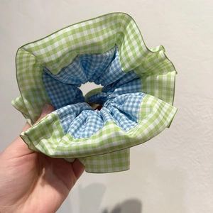 Chouchou à carreaux bleu et vert pour femmes, accessoire de coiffure élégant