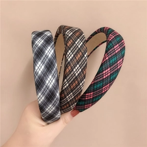 Vintage Plaid Sponge Padded Headband For Women Wide Brim Heighten Cranial Top Hair Hoop Academic Style Fabric Hair Accessory