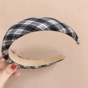 Classic black and white plaid wide padded headband with soft khaki lining for daily wear