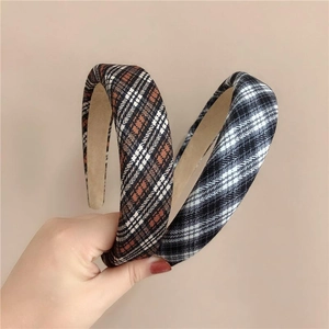 Classic plaid sponge headbands in brown and black grey checkered fabric for women