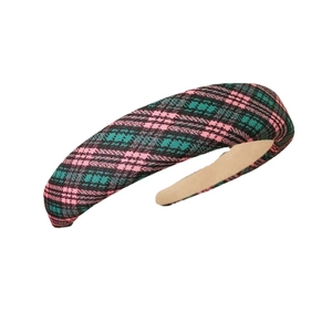 Chic pink and green plaid padded headband for women with a wide fabric design