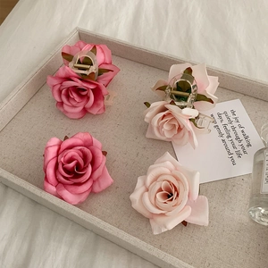 Sweet Romantic Artificial Rose Flower Hair Claw Shark Clip For Women French Style Satin Floral Hair Accessories Vacation Travel