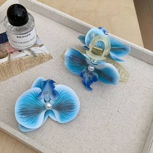 Blaue Orchidee Blume Haarspange Und Haarkralle Farbverlauf Floral Haarnadel Mit Künstliche Perle Handgefertigt Resort Stil Damen Haarschmuck