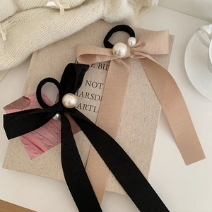 Chouchou Nœud Papillon en Satin Style Français Avec Imitation Künstliche Perle Élégant Noir Accessoire Cheveux pour Femmes