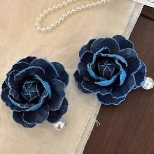 Retro Denim Blue Rose Camellia Hair Clip With Artificial Pearl Elegant Fabric Flower Duckbill Side Clip For Women Hair Accessories