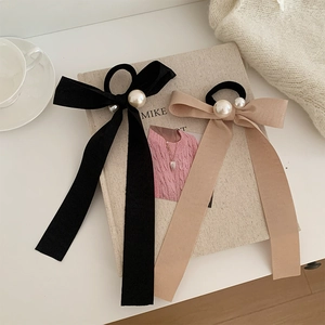 Ensemble élégant de chouchous à nœuds noirs et beiges avec perles et bande élastique