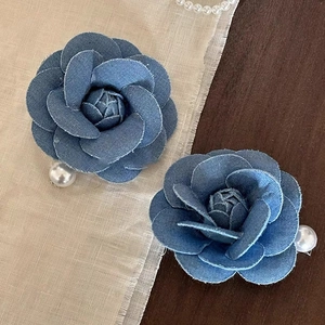 Retro denim blue rose hair clips with pearl detail, sweet floral hair accessories for women
