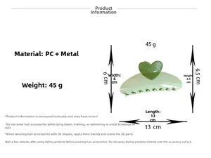 Detail showing 13cm light green heart hair claw clip with size and weight dimensions