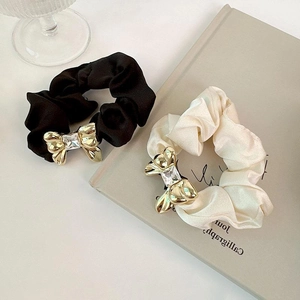 Elegant Satin Scrunchie With Metal Bow Rhinestone High Elastic Hair Tie French Style Hair Accessories For Women