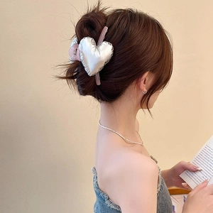Oversized silver 3D heart hair claw clip on pink translucent clamp for elegant hairstyles