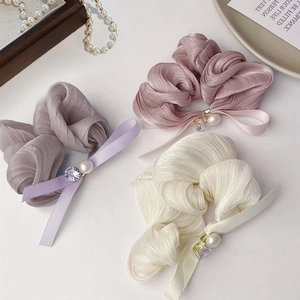 Pleated Satin Bow Hair Scrunchies Elegant Hair Ties With Faux Artificial Pearl Rhinestone Pendant Korean Headwear For Women Daily Use
