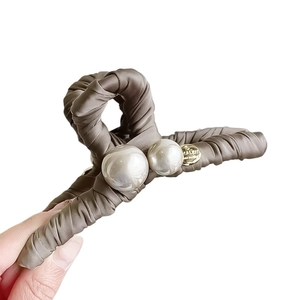 Grande molletta per capelli in tessuto marrone con perle per acconciature capelli folti