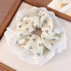 Vintage floral lace scrunchie in cream chiffon with delicate black floral print