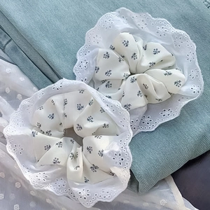 Ballet Style Cream Floral Scrunchie With Hollow Out Lace Edge Double Layer Hair Tie Sweet Hair Rope For Women Girls
