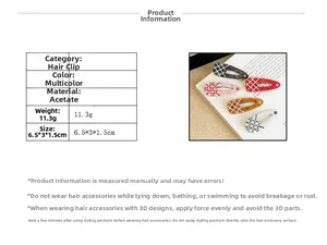 Checkered acetate hair clips specifications showing size 6.5x3x1.5cm and 11.3g weight