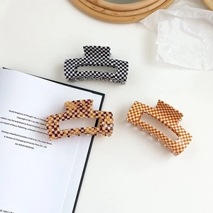 Pince à Cheveux Rétro Français en Acétate Damier Grand Motif Grille Antidérapant Prise Forte Accessoire de Mode pour Femmes