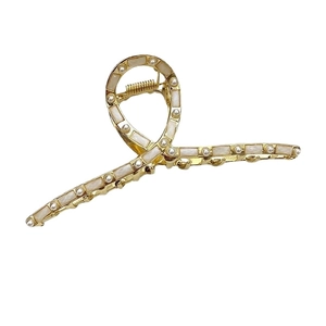 Elegante molletta per capelli in metallo dorato con perle bianche e inserti in madreperla
