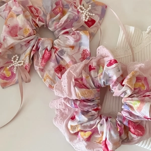 Süßes Haargummi Mit Blumen- Und Herzmuster Spitzenkante Künstliche Perlenschleife Band Haar-Accessoire Für Damen Mädchen Dekoration