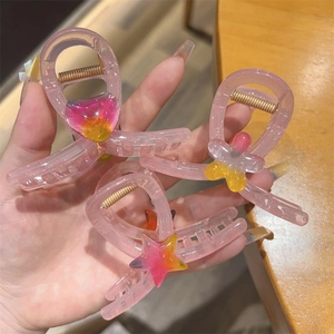 Korean Sweet Jelly Pink Hair Claw Clips With Gradient Heart Flower Star Designs Medium Translucent Acrylic Shark Clips For Women Girls