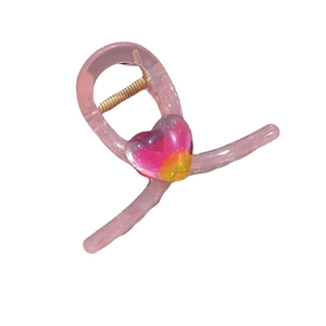 Pink jelly heart hair claw clip with rainbow gradient heart and gold spring for women