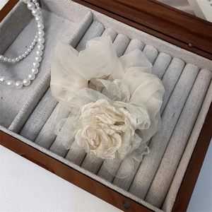 Chouchou en Organza Fleur de Rose Élégante Style Français Fait à la Main Élastique à Cheveux Floral 3D pour Femme Queue de Cheval