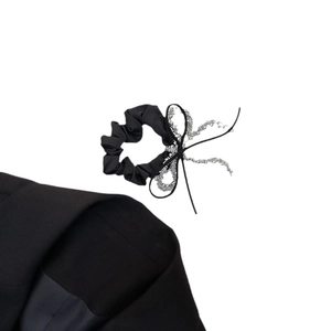 Elegant black satin scrunchie with rhinestone bow and long streamers for women