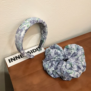 Women Floral Fabric Padded Headband And Scrunchie Handmade Watercolor Puckered Hair Accessories For Daily Dating Style