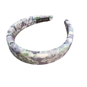 Padded wide sponge headband featuring blue and green floral ink wash fabric patterns