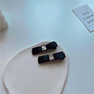 Elegant black satin bow hair clips with rectangular crystal for Hepburn vintage style