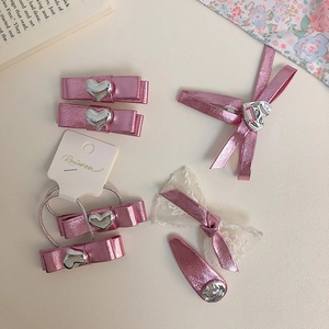 Süße Rosa PU Leder Schleife Haarspange Herz Metallisch Glänzende Strass Haargummis Spitze Schleife Haarspangen Für Damen Haarstyling
