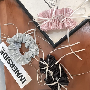 Sweet pleated fabric scrunchies with long ribbons and heart gems in pink, grey and black